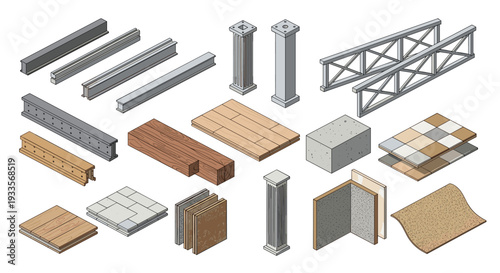 A comprehensive isometric collection of twenty diverse construction materials, from metal beams to insulation panels, is neatly arranged on a white background.