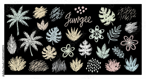 黒板に描かれたチョークアート風の熱帯植物と葉のイラストセットで、ヤシの木、モンステラ、様々な葉、抽象的な模様が含まれており、手描きのジャングルテーマのデザイン要素が特徴です。