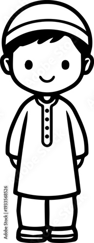 Smiling boy wearing traditional Muslim cap and kurta Black and white vector illustration
