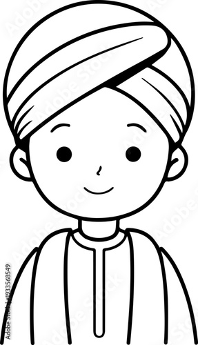 Smiling boy wearing traditional Muslim cap and kurta Black and white vector illustration
