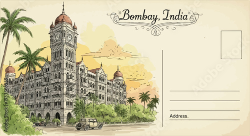 ボンベイ、インドの壮麗な歴史的建造物とヤシの木が描かれた、手描きのビンテージ旅行ポストカードイラスト。夕焼け空の下、ノスタルジックな雰囲気が漂う旅の思い出を表現しています。