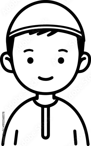 Smiling boy wearing traditional Muslim cap and kurta Black and white vector illustration
