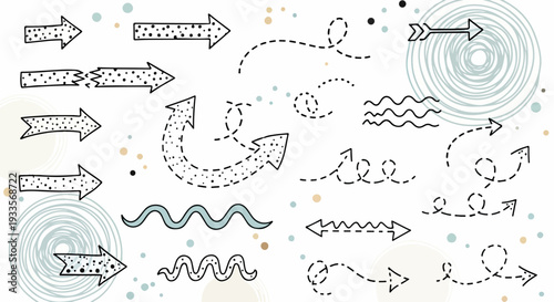 手描き風の様々な矢印、点線、波線、渦巻き、そして装飾的な落書き模様が、方向性や流れ、進捗を示すためにデザインされた、創造的なプロジェクトに最適なグラフィック要素のコレクション。
