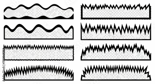ウェブサイトや印刷物デザインに最適な、草や波線、ギザギザの形状を特徴とする白黒のベクター境界線と装飾エレメントの多様なコレクション。