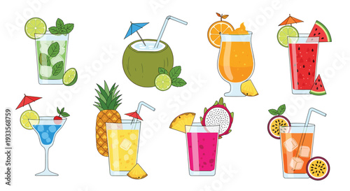 Eight distinct, vibrantly colored tropical drinks, each uniquely presented with fresh fruit garnishes and decorative elements, are arranged on a clean white background.