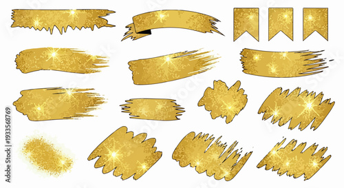 きらめく金色のブラシストローク、リボン、フラッグの多様なセット。豪華なデザイン要素として、特別なイベントや装飾に最適です。