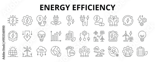 30 Energy Efficiency Line Icons Vector - Conservation, Optimization, Reduction, Consumption, Renewable, Performance, Wind, Solar