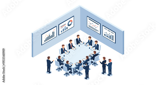 Twelve business professionals are engaged in a dynamic meeting around an oval conference table, with some standing and four wall-mounted screens displaying charts, all within an isometric room.