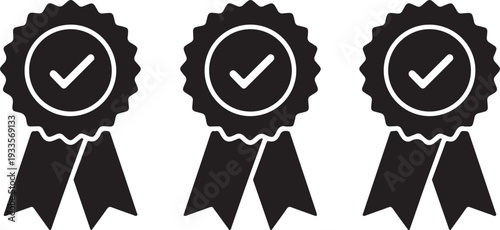 Three black rosette silhouettes isolated on transparent background with checkmarks