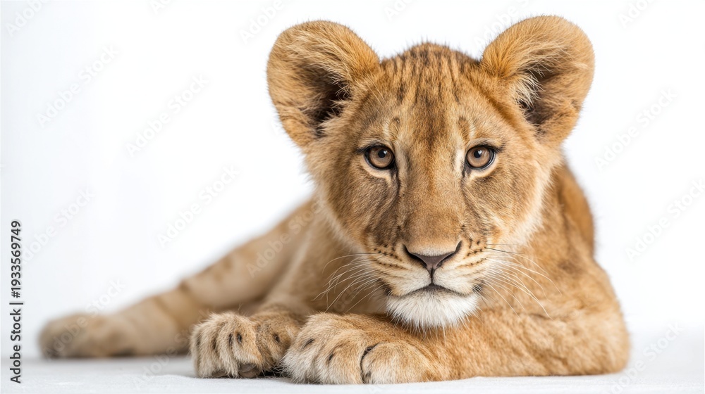 Obraz premium Captivating Portrait of a Young Lion Cub with Striking Eyes and Soft Fur Against a Clean White Background, Perfect for Wildlife and Nature Themes