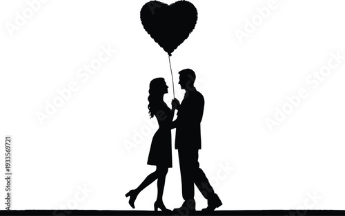 Romantic couple silhouette holding heart shaped balloon, loving man and woman standing together, Valentine relationship concept isolated on white background illustration