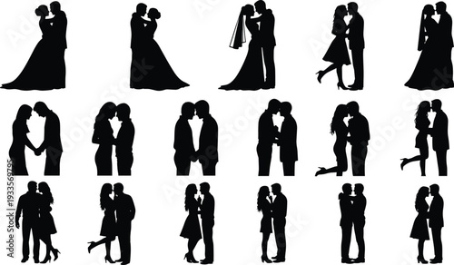 Romantic couple silhouettes for wedding and engagement design, bridal pairs in loving poses, modern man and woman figures for valentine and marriage,