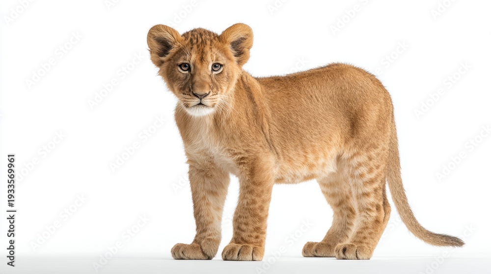 Obraz premium Adorable Young Lion Cub Showcasing Its Playful Nature Against a Clean White Background in a Stunning Studio Photograph Perfect for Animal Lovers and Wildlife Enthusiasts