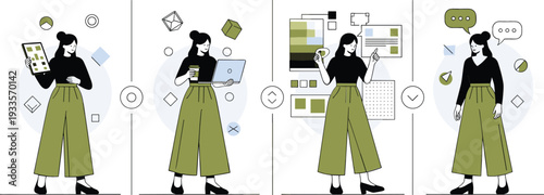 Creative female graphic designer character in various poses using tablet and laptop for digital design process flat vector illustration