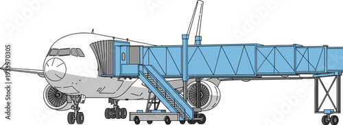 Flat vector illustration of a commercial passenger airplane docked at an airport boarding bridge gate for passenger embarkation