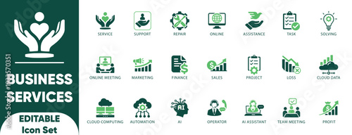 Business Services icon set. digital solutions, cloud services, remote work, editable, support, and customer suppor.
