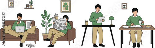 Young man working from home in different poses sitting on sofa at desk reading newspaper and using tablet