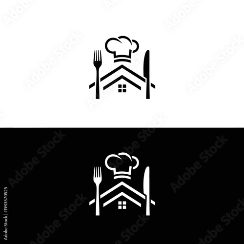 Home cooking logo with chef hat, fork, knife, and house roof.