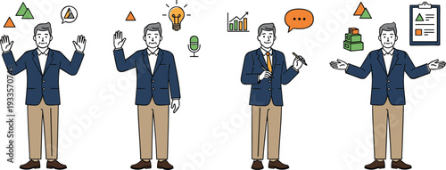 Mature businessman character in various professional poses with data icons for corporate presentation coaching and business leadership training