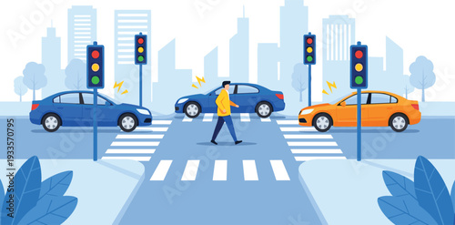 Smart city traffic management concept with pedestrian crossing street autonomous cars traffic lights and urban skyline flat illustration