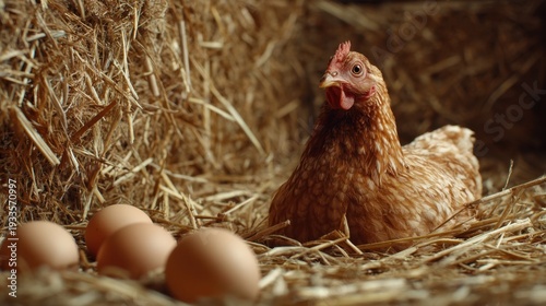 Brown hen laying eggs in rustic barn setting surrounded by straw, showcasing the natural process of egg production in an animal farm environment.