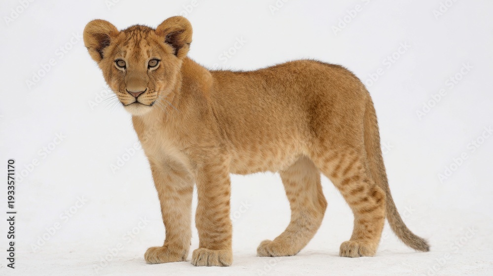 Obraz premium Playful Lion Cub on Clean White Background Showcasing Cute Features and Endearing Personality Perfect for Wildlife and Nature Enthusiasts Seeking Adorable Animal Imagery