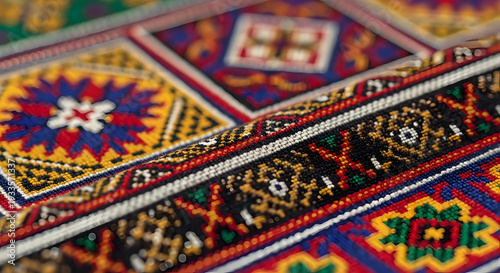 Close-up of vibrant, intricately patterned traditional textile with geometric designs and rich colors.