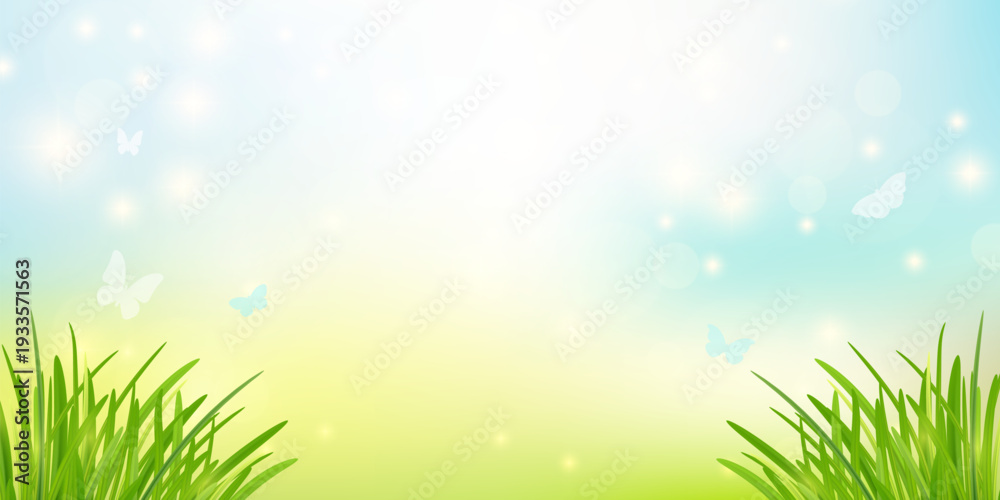 Obraz premium Spring background with green grass butterflies and clear blue sky in bright daylight. EPS 10