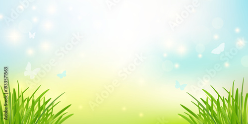  Spring background with green grass butterflies and clear blue sky in bright daylight. EPS 10