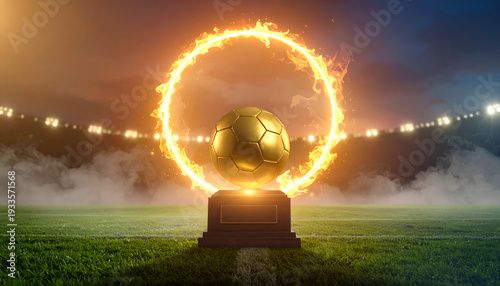 Golden Soccer Ball on Pedestal with Fire.