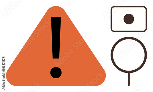 Safety warnings, caution signals, hazard alerts, danger signage, warning systems, communication. An orange triangle with exclamation mark alongside abstract shapes. Safety warnings and caution