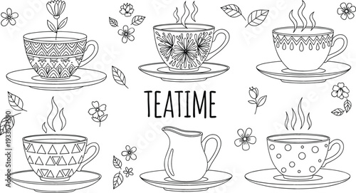 Black and white line art vector illustration set of decorative teacups saucers and cream pitcher with floral elements