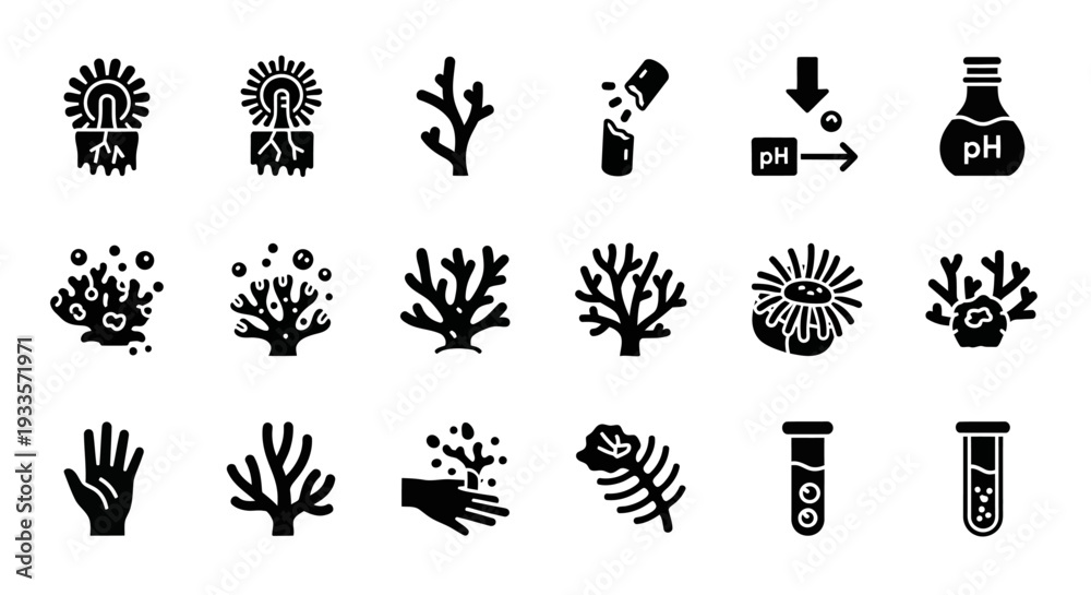 Fototapeta premium Collection of black icons representing various marine life and scientific elements on a plain background