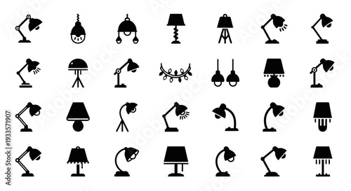 Collection of various desk lamp icons in different designs and styles on a plain background viewed from directly above