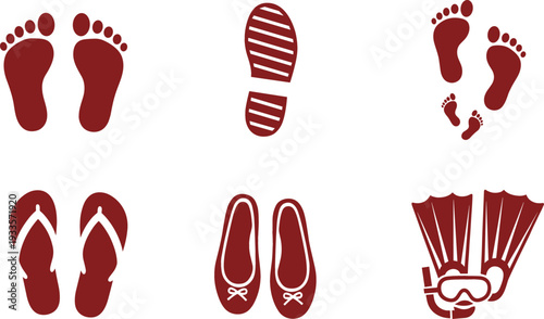 Flat vector icon set featuring human footprints shoe sole prints flip flops ballet flats and scuba diving fins with mask