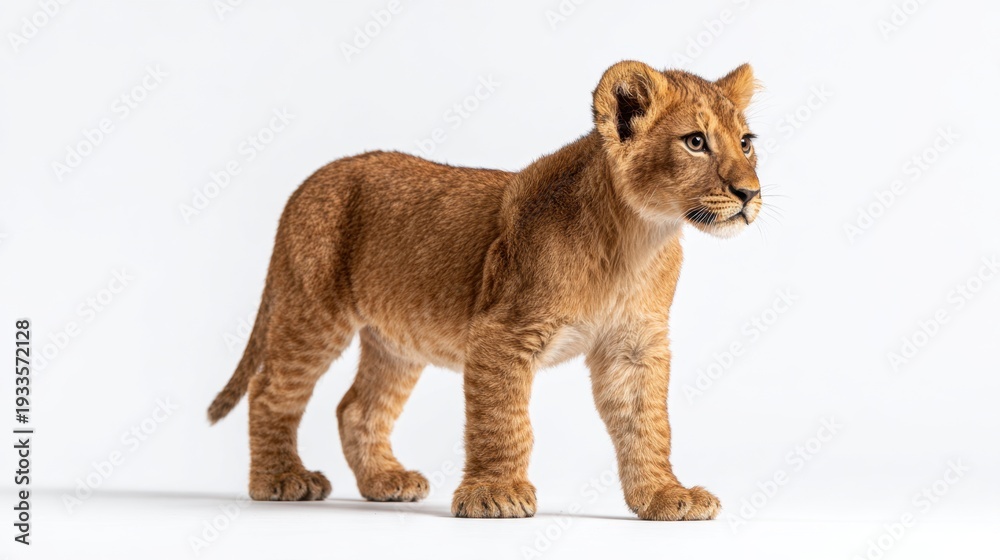 Obraz premium A playful young lion cub stands on a white background showcasing its adorable features, highlighting its golden fur, bright eyes, and curious nature, perfect for wildlife and animal lovers.
