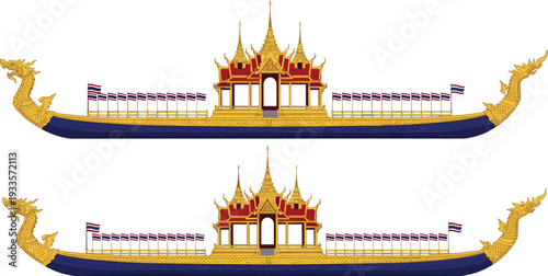 Traditional ornate gold Royal Thai Barge vector illustration featuring dragon head prow and pavilion for cultural festivals and monarchy events