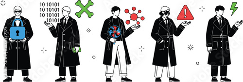 Flat vector illustration set of a cybersecurity specialist in a trench coat holding data encryption and security alert icons