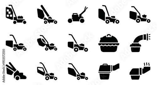 Collection of lawn and garden tool icons displayed against a clean white background from a straightforward viewpoint