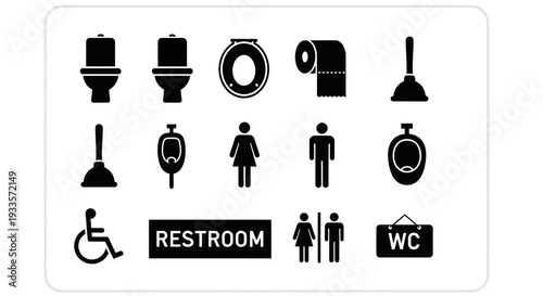 Various black bathroom icons arranged neatly on a white background depicting different facilities and amenities for men, women, and disabled individuals.