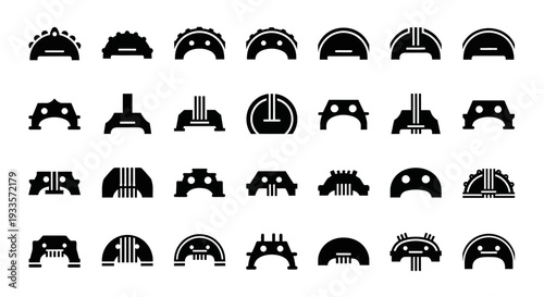 Collection of various futuristic helmet icons in black and white, showcasing diverse designs and styles from different viewpoints