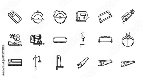 Collection of simple line icons representing various tools and objects from different categories displayed on a plain background from a straightforward viewpoint