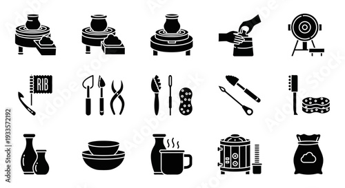 Various kitchen appliances and utensils displayed in a collection of black icons on a clean background
