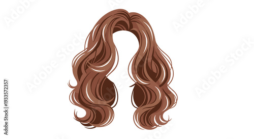A voluminous mass of long, wavy brown hair is symmetrically styled with a central part, appearing isolated against a clean white background.