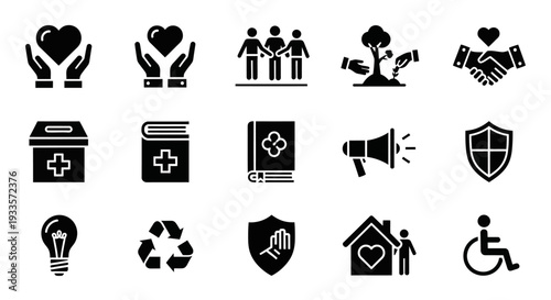 Collection of black icons representing health, support, and protection on a white background