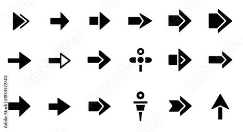 Collection of various directional black arrows and navigation symbols displayed on a clean white background from a straightforward viewpoint