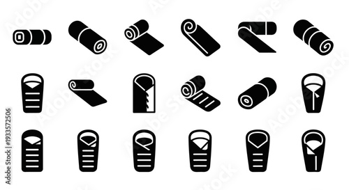 Collection of rolled and unrolled yoga mats in various poses and orientations displayed on a clean white background from a straightforward viewpoint