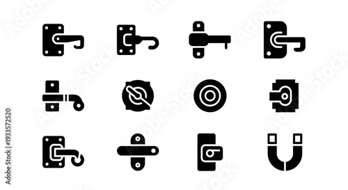 Collection of magnetic icons and symbols displayed on a white background from a straightforward viewpoint