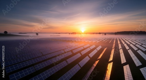 Breathtaking sunrise over a large solar panel array, symbolizing clean energy and sustainable power generation for the future