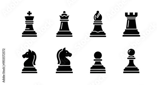 Set of black chess pieces icons on a white background viewed from the front
